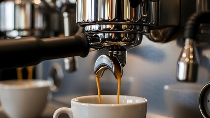 Close-up of hot espresso pouring from a machine into a white ceramic cup, a beverage made from roasted coffee beans