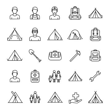 Migrant Refugee Workers Tent Icons Set Simple Vector