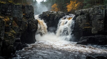 Obraz premium Twin waterfalls converging into a roaring river, rocky gorge, dynamic water spray, action shot