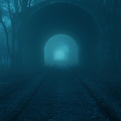 Mystical tunnel at night through foggy woods