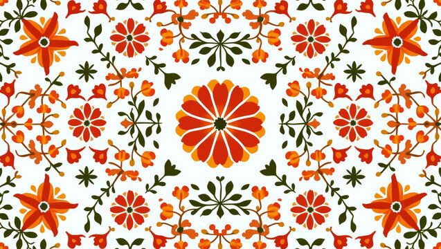 Bright seamless pattern of red and green floral ornaments on white background, traditional decorative art and textile desin