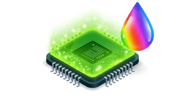 Colorful liquid splash over a computer chip design