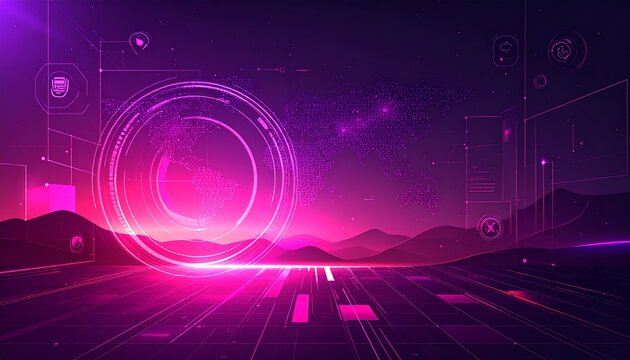 Futuristic neon landscape with glowing purple and pink digital elements - Powered by Adobe