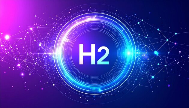 Vibrant H2 hydrogen energy concept with glowing blue and purple neon lights - Powered by Adobe