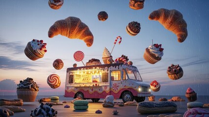 Dreamy Dessert Truck Fantasy: Floating Sweets and Croissants at Twilight