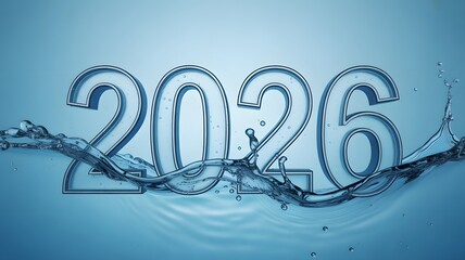 2026 numbers made of glass or ice with water splash on blue background