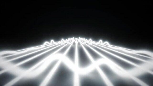 Wide-angle, top-down abstract view of synchronized, parallel white light beams pulsing and flowing forward in an unending rhythmic wave clean, abstract, wave