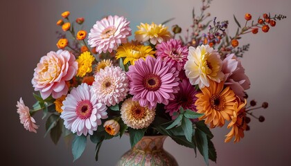 Vibrant Bouquet of Gerbera Daisies and Spring Flowers in Decorative Vase Still Life