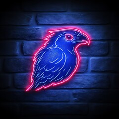 Neon bird sign on brick wall; blue & pink glow