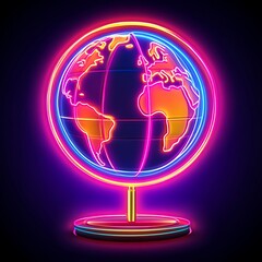 Neon globe, vibrant colors, illuminated world map