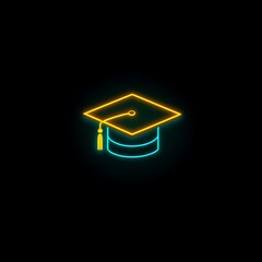 Neon graduation cap icon on black background