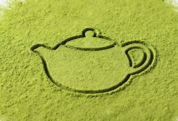 Teapot Shape Drawn in Vibrant Green Matcha Powder on White Background