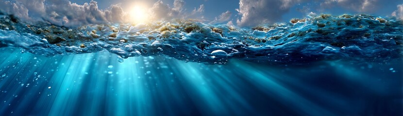 Naklejka premium Cinematic ultra wide underwater background sun rays penetrating clear blue water calm ocean atmosphere smooth gradients abstract nature banner with copy space