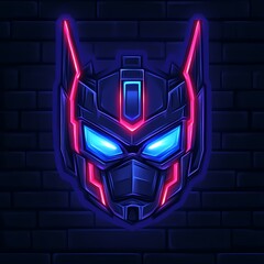 Neon robot head, futuristic design, glowing blue eyes, pink accents