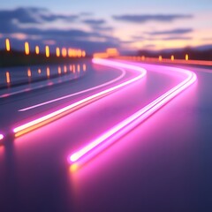 Neon road at twilight.  Blurred,  glowing pink lines,  a futuristic highway.  Dusk sky,  abstract speed