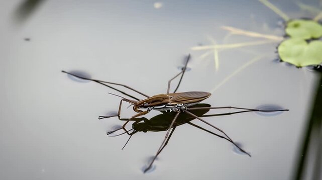 waterstrider macro on pond surface with lilypad reflection