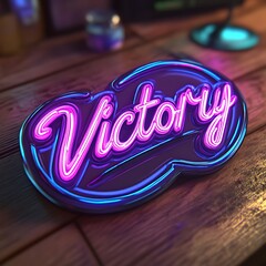 Neon victory sign on wooden surface