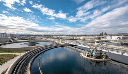 Obraz premium Industrial wastewater treatment plant with sedimentation basins under cloudy sky