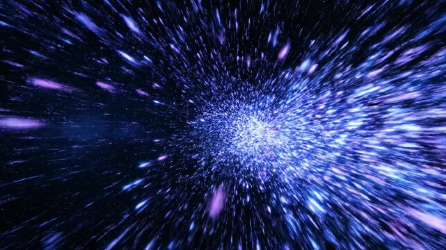 A chaotic stream of electric blue and violet particles rushes across a dark abstract void creating intense energy power, technology, intense energy