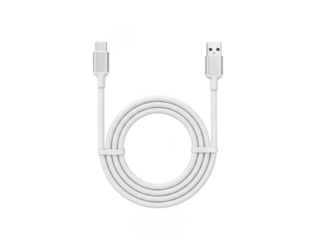 White usb cable coiled and secured with a tie isolated on transparent background