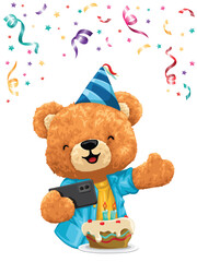 Cute birthday bear vector illustration selfie
