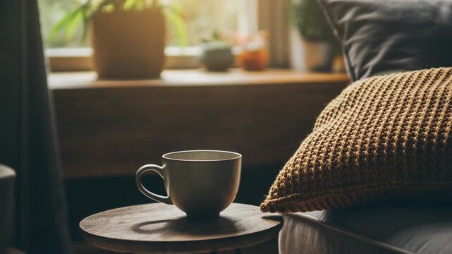 Teacup reading corner cozy home interior relaxing atmosphere hygge lifestyle comfort knitted pillow side table coffee tea time living room apartment domestic leisure.