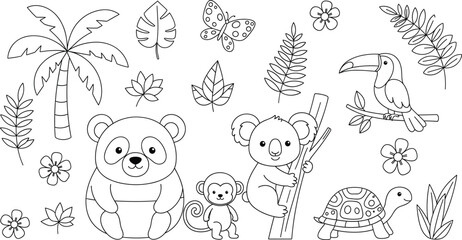 Obraz premium Cute tropical animal coloring page collection featuring panda koala monkey toucan and turtle with exotic palm leaves and flowers in black outline style.