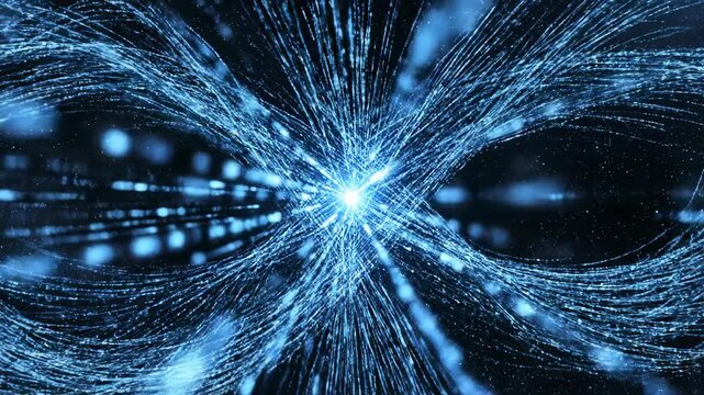 A continuous digital flow of bright blue data streams curving and weaving across a dark void backdrop in a seamless loop backdrop, curving, connectivity
