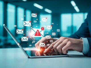 Businessman using laptop with email icons and digital communication concept