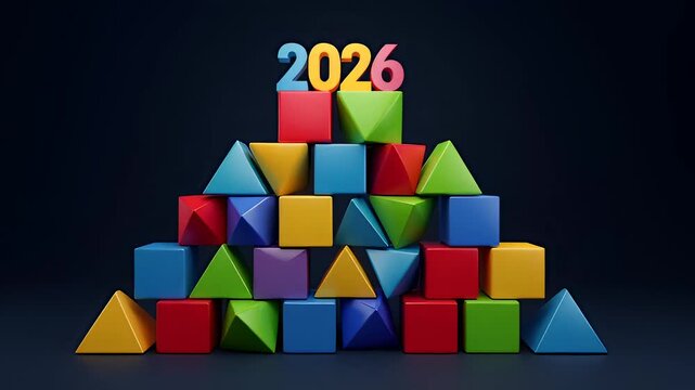 Colorful geometric shapes forming a pyramid with year 2026