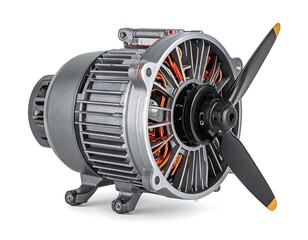Close-up of electric motor with attached propeller, angled on white