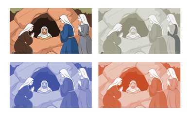 Three grieving women kneeling at the tomb entrance with Jesus body visible inside