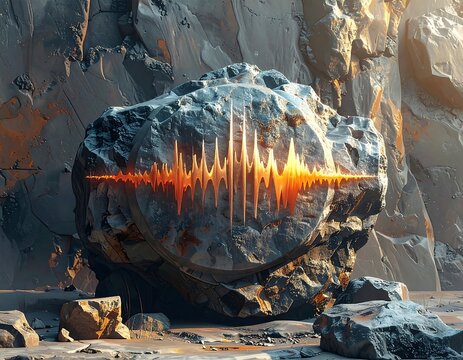 Large stone embedded with a golden, animated soundwave in a canyon - Powered by Adobe