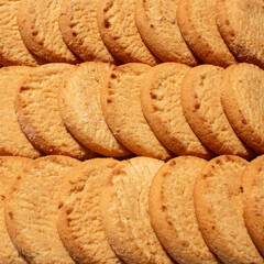 A close arrangement of golden brown cookies shows their crumbly texture and round shape creating a warm and inviting pattern with a delicious homemade appearance and taste
