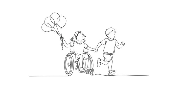 Continuous one line drawing of Happy disabled girl with balloons and healthy boy run outdoor, isolated on transparent background.