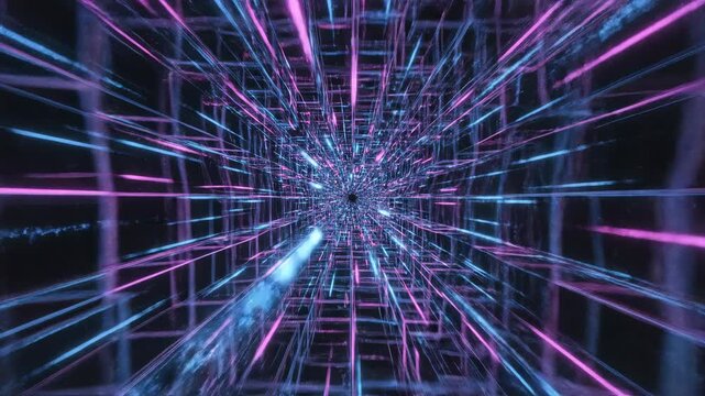 A continuous seamless loop of dense geometric grids shifting and pulsating with fast blue and magenta digital light streams cyber, highspeed, pattern