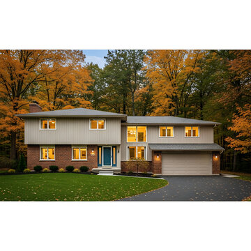 Classic Mid-Century Split-Level Home Exterior with Autumn Foliage, Brick Base, and Teal Door