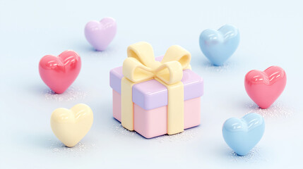 Colorful pastel gift box surrounded by hearts