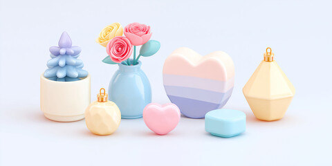 Pastel decorative objects with flowers and hearts