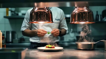 Professional chef in white uniform plating dish in restaurant kitchen with steam rising from pans emphasizing culinary mastery and dynamic cooking process, concept haute cuisine food service