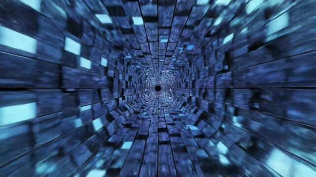 A continuous seamless loop of illuminated metallic square tiles rapidly phasing and transforming into an endless digital tunnel transition digital, connection, network