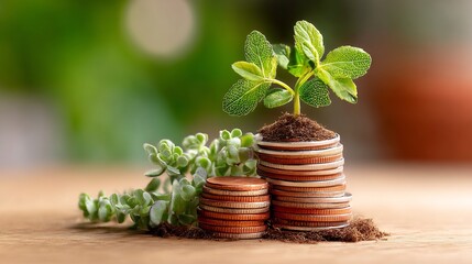Stacked coins green plant growing on top investment and financial growth concept warm light background