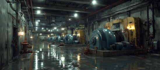 Industrial interior with machinery and equipment in a large room