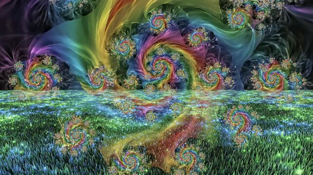 A continuous seamless loop of vibrant rainbow fractal patterns swirling dynamically through a stylized digital grass field texture concert visual, digital art, technology