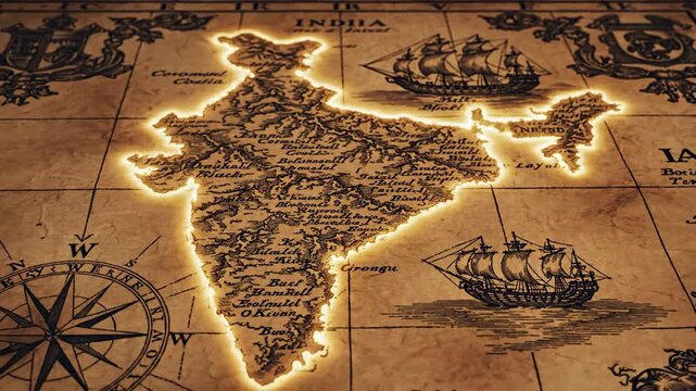 Vintage map of India. Map showing India. Map outline India. Illuminated country borders. Old nautical chart background. Compass and ships illustrations. Sepia-toned texture. Vector illustration.