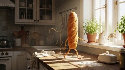 A loaf of bread with a human-like body in a kitchen with sunlight streaming in through the window.