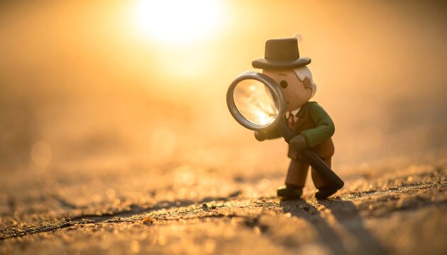 虫眼鏡を手に歩く人物が調査と発見を象徴する印象的な構図
