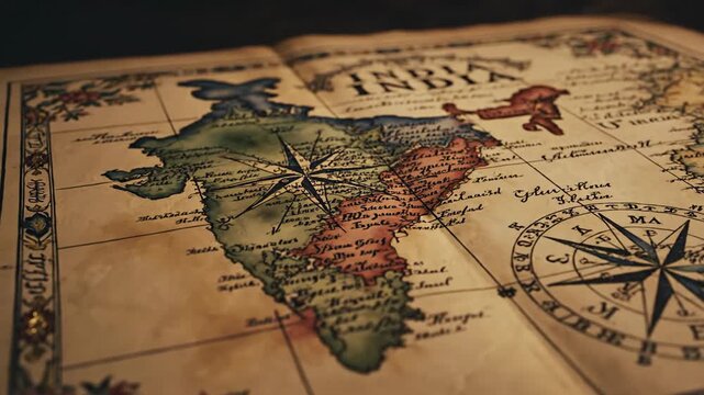 Vintage map of India. Map showing India. Map outline India. Antique style map. Old parchment texture. Geographic illustration. Compass rose. Cartographic design. Historical map. Brown background.
