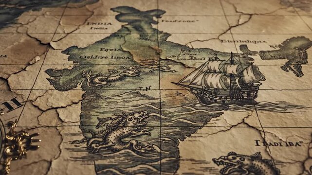 Vintage map of India. Map showing India. Map outline India. Old world map with sailing ship. Cracked parchment texture. Sepia toned illustration. Vector design.