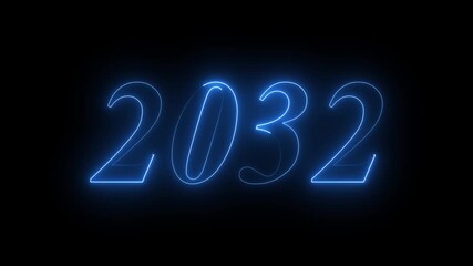 Glowing neon line word of 2032 on planet earth with black background. Concept of new year beginning, happy celebration, festival, new life, growth of business, investment, finance, innovation. 4k 